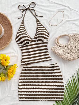 SHEIN x Eduarda Gutierrez Soleia Women's 2 Pieces Floral Print Halter Top And Mini Skirt Set, Suitable For Beach/Vacation Casual Sets For Women ,Women's Summer Set ,Beach Outfits For Women