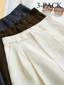 Anewsta 3条装时尚优雅现代简约口袋阔腿西装裤套装，米色、藏蓝色、棕色，度假/新年款