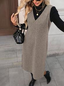 SHEIN LUNE 女士休闲纯色羊毛无袖V领开衩中长连衣裙，秋冬日常基本款穿搭 - 卡其色 - 查看 3