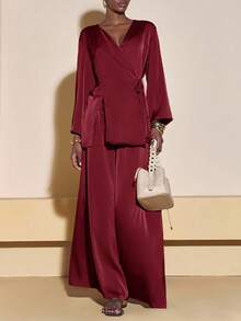 Zivah 2025秋冬新款女装，适合音乐节、毕业典礼、休闲度假、海滩日光浴等各种场合，芥末黄缎面材质裹身衬衫搭配阔腿裤两件套，女士/阔腿裤套装/返校季、万圣节服装、办公室着装，酒红色女式套装 - 酒紅色 - 查看 3