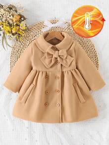 SHEIN Baby Girls' Double-Breasted Collar Bow Decor Long Sleeve Dress, Elegant Fashion Pockets Design Autumn/Winter - Brown - View 3