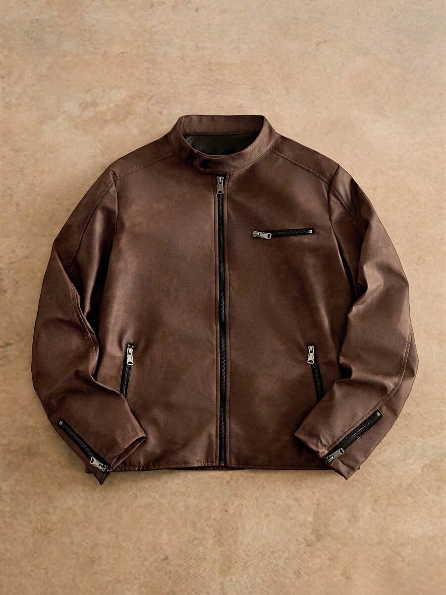 HIMLAND Herrjacka med dragkedja, casual, mode, gata, daglig pendling, mångsidig, ståkrage, höst - Brun - Visa 1