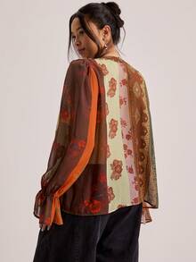 SHEIN VCAY 大码印花撞色荷叶边长袖衬衫 - 彩色 - 查看 5