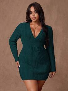 Rustia Vestido de suéter con cuello en V profundo y trenzado para mujer de talla grande, otoño/invierno - Verde Oscuro - Ver 5