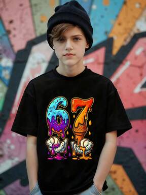Tween Boys Casual Stylish Funny "67" Graphic Print Short Sleeve Round Neck T-Shirt, Suitable For Outings, Black Short Sleeve Top "Six Seven" Top, Suitable For Summer And All Seasons
