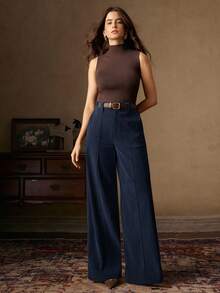 Anewsta 女士棕色灯芯绒长裤，独特设计，复古搭扣腰带，适合通勤、办公和休闲穿着，秋冬季款