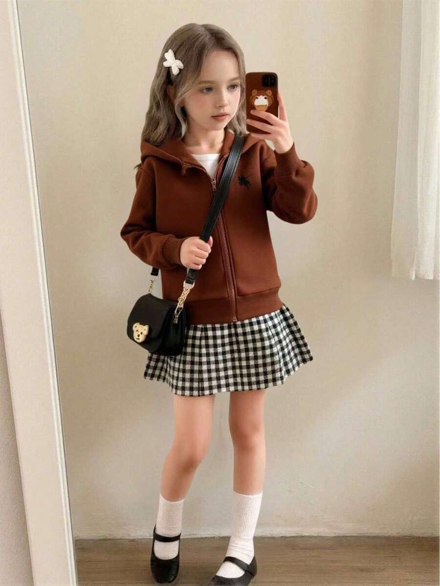 Genkimix Kids 少女外套,纯色时尚蝴蝶结卫衣夹克,舒适加厚保暖内衬卫衣面料,袖口蝴蝶结装饰,青春活力风格,适合返校季或日常户外穿着 - 棕色 - 查看 1