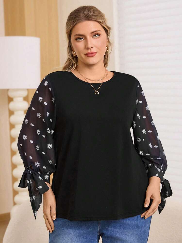 Plus Size Round Neck Floral Polka Dot Print 3/4 Sleeve T-Shirt Winter Clothes For Women New Year Clothes Christmas Party Dress Elegant Dress Women Valentine's Day