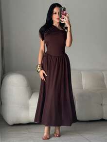 Feyla 春夏休闲优雅通勤、日常约会、生日派对、办公室着装、闺蜜小聚、轻盈晚礼服、单肩露肩金属扣装饰伞裙、中长裙、A字裙、无袖棕色针织女式中长连衣裙 - 棕色 - 查看 6