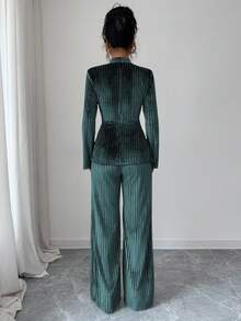 Elenzga 新款优雅V领扭腰长袖上衣和喇叭裤套装 - 墨綠色 - 查看 2