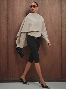 Hauture 女士休闲办公高领长袖披肩短款斗篷上衣 - 卡其色 - 查看 5