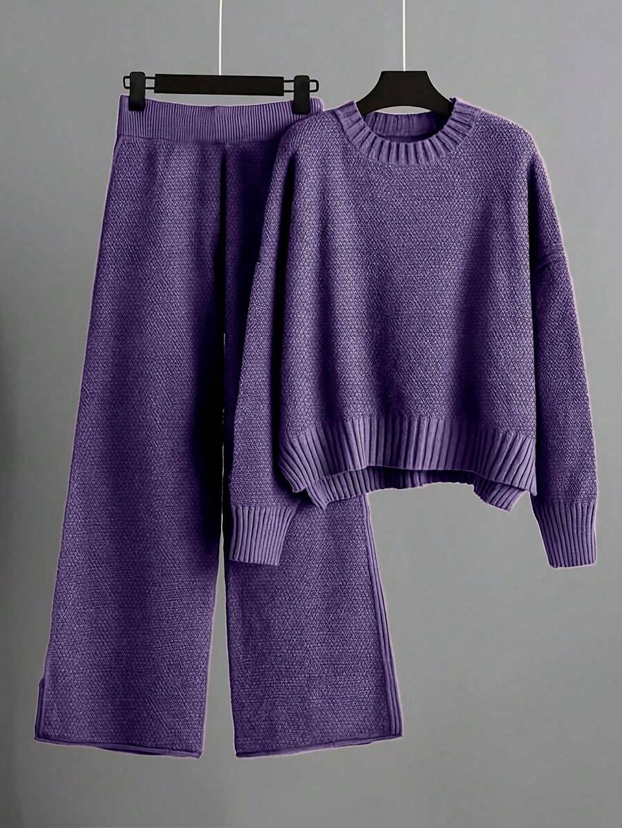 Franclia 2pcs Solid Color Knitted Sweater And Pants Set, Casual And Versatile, Autumn/Winter - Violet Purple - View 1