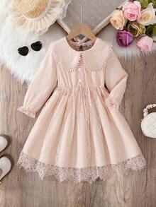 春秋新款甜美可爱女童蕾丝彼得潘领长袖收腰公主蓬蓬裙，适合日常穿着、度假、派对等场合 - 杏色 - 查看 3