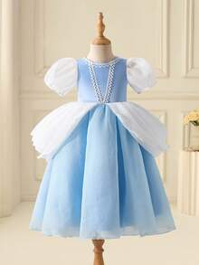 Glamorique Kids Girls Birthday Party Wedding Dress, Sapphire Blue Glitter Tulle Puff Princess Dress, Cosplay Princess Dress, Layered Dreamy Sapphire Blue Puff Sleeve - Blue - View 6