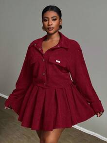 Slaydiva Camisa de manga larga ajustada de unicolor, conjunto de 2 piezas de camisa y falda de pana con bolsillo acanalado de talla grande - Verde - Conjunto de color burdeos para mujer - Rojo - Ver 7