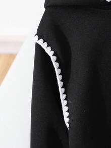 SHEIN 1件青少年女孩時尚刺繡對比飾邊運動衫，黑白配色，秋季休閒校園開學大學風極簡必備運動衫 - 黑色 - 查看 6