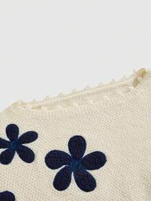 ROMWE Fairycore Plus Size Floral Loose Cropped Pullover Sweater, Spring - Apricot - View 5