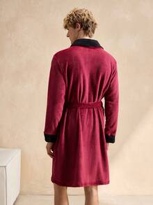 EverLounge Contrast Color Plush Men's Fluffy Robe With Waist Tie, Long Sleeve Loungewear For Autumn/Winter - Burgundy - View 2