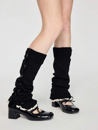 Anime 1 Pair Y2K Retro Patchwork Lace Button Design Leg Warmers, Black, Fashionable Minimalist Leg Warmers For Women, Suitable For Daily, School, Date, Travel And Other Occasions