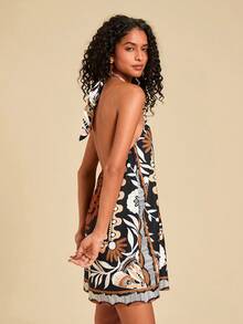 Travachic Plant Print Backless Halter Neck Dress, Casual Vacation - Black - View 3