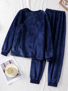 Conjunto de pijama de lã para adolescentes, blusa de manga comprida azul marinho e calça comprida, bordado minimalista em inglês e números brancos, roupa de dormir casual para usar em casa. - Azul marinho - Ver 2