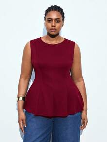 Maija Blusa senza maniche con vita stretta, colore tinta unita, elegante, adatta per l'ufficio, il tempo libero, il Natale e i festa di Capodanno, colore rosso - Bordò - Visualizzare 3