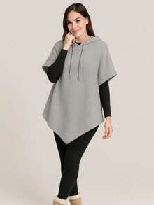 Capa peluche graba¡da trencita bonita hermosa mañanita Poncho Capa larga asimétrica informal para mujer con capucha y cordón ajustable de moda para mujer - Gris - Ver 4