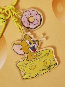 TOM & JERRY X SHEIN Acrylic Cat And Mouse Keychain, Cute Cat And Donut Design, Gift For Cat And Mouse Fans, Students, Teenagers, Women - Yellow - View 3
