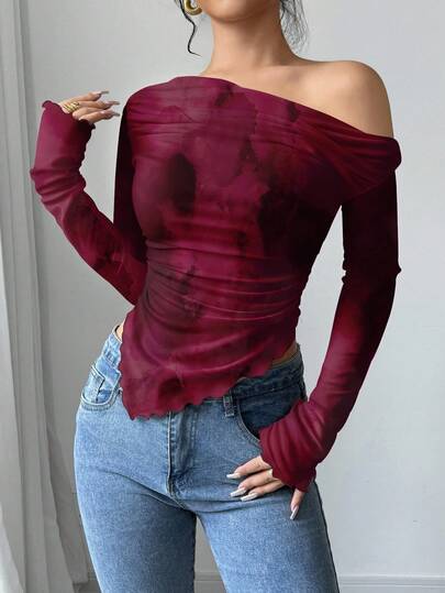 Firerie Elegante blusa de manga larga con hombros descubiertos y efecto tie-dye en color borgoña - Estilo "Old Money" para otoño/invierno, ideal para fiestas, citas, San Valentín, noches de club, bodas y cócteles. Un diseño estiloso.