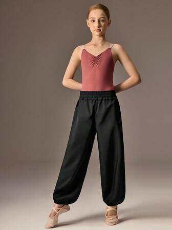 SHEIN Tween Girls Black Ballet Casual Pants, Fashionable Soft Fabric Ballet Training, Everyday Wear, Dance Practice Pants, Sports Pants, Everyday School Life.