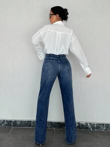 Quần jean ống đứng xẻ gấu 100% cotton - Rửa tối - Xem 2