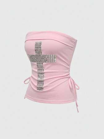 J-Fashion Y2K-Kreuz mit Strass-Verzierung, schwarzes trägerloses Crop-Top mit Kordelzug und Schlitzabschluss für Frauen