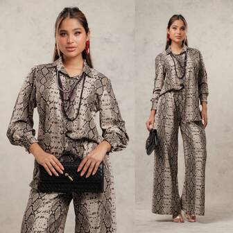 Set de mujer dos piezas camisera solapa botones manga larga puño manga pantalón estampado de víbora elegante casual moderno noche fiesta posada