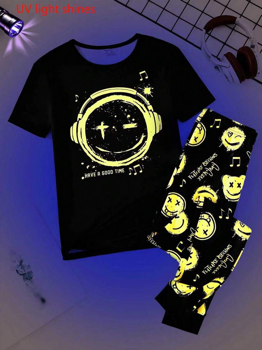 2pcs/Set Snug Fit Teenage Boys Graffiti Cartoon Print Glow-In-The-Dark Casual Comfortable Crew Neck Short Sleeve Tight Top And Pants Loungewear Set Glow In The Dark Pjs Boys Pajama Set Teen Boy Clothes 2 Piece Set  .This Product Requires UV Light Exposure To Glow. - Multicolor - View 1