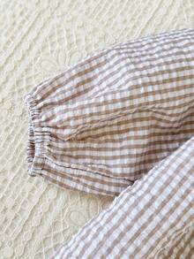 SHEIN 2pcs Baby Girls Casual Cute Plaid Ruffle Hem Long Sleeve Top And Shorts Set, Suitable For Spring, Autumn, Winter Outings, Parties, Gatherings, Daily Wear - Khaki - View 8