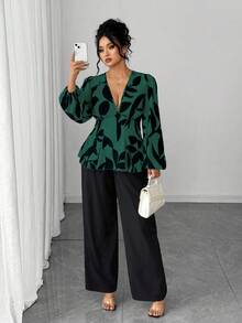 Elenzga Bộ 2 món áo kiểu tay dài cổ chữ V họa tiết lá trơn màu trơn thanh lịch cỡ lớn dành cho nữ + quần dài đơn giản màu trơn rộng rãi - Màu xanh lá cây đậm - Xem 7