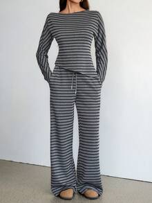 SHEIN Tall 2026 新款极简主义秋季女装条纹不对称肩部上衣和裤子两件套，露肩连体裤，条纹套装，长袖连体裤，适合外出穿搭、街头风和斯德哥尔摩风格，舒适的秋冬两季女装，条纹休闲套装，家居服 - 黑色 - 查看 9