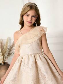 Tween Girls Elegant Jacquard Satin Asymmetric Ruffle Hem A-Line Mini Dress - Apricot - View 7