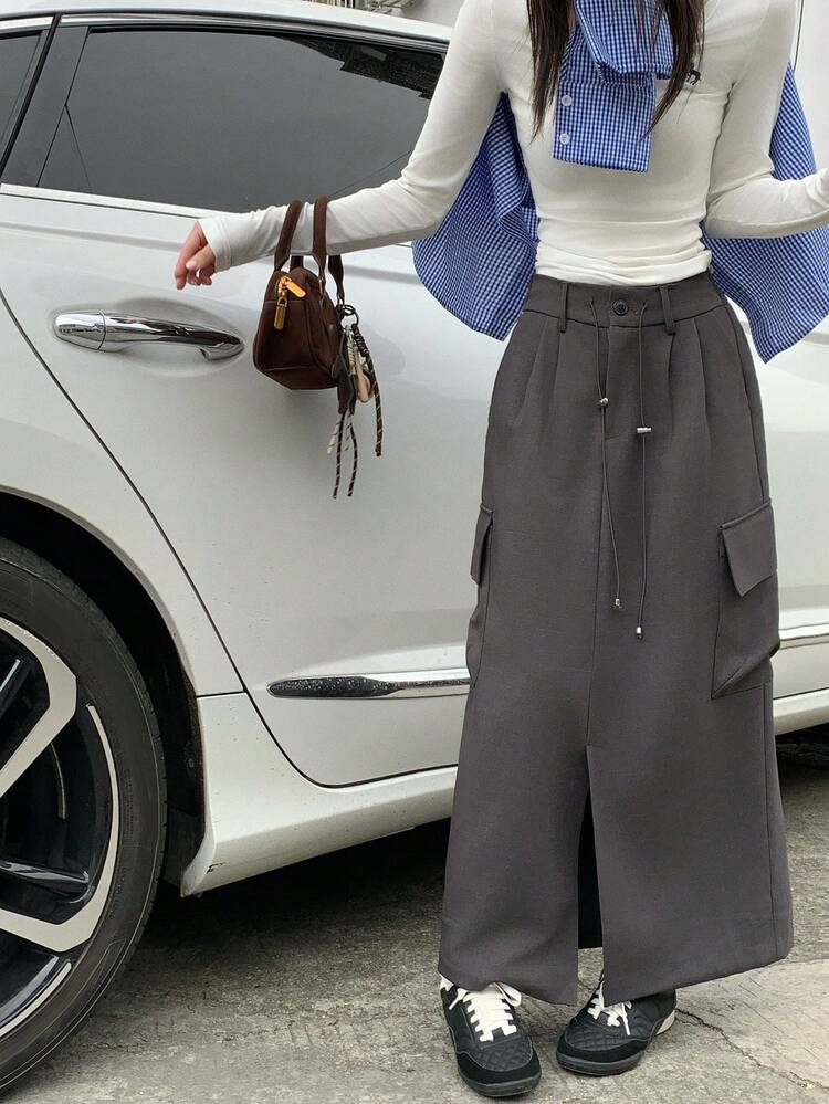 Women's Casual Utility Pocket Solid Color A-Line Skirt