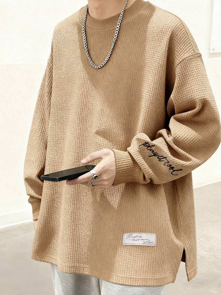 Manfinity Hypemode Men's Letter Embroidered Crew Neck Loose Casual Long Sleeve Pullover Sweatshirt Mens Oversized Street Wear Men Long Sleeve Knit - Apricot - View 1