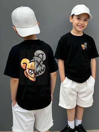 Fantacosmos Tween Boys' Black Short Sleeve T-Shirt, Front & Back Street Fashion Graphic Print, & Versatile