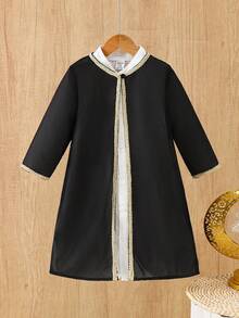 SHEIN Infant/Toddler Boys' Middle Eastern Traditional Long Sleeve Top With Lace Design, Casual & Comfortable, Button-Up Shirt Style Suitable For Everyday Wear, Spring/Autumn - Black - View 4