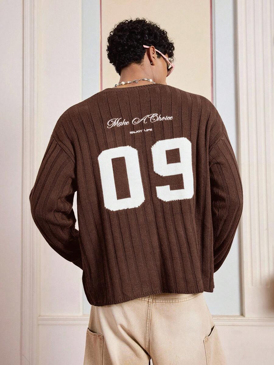 SWAVVY Jersey de punto casual con gráfico de letras para hombre, otoño/invierno - Óxido marrón - Ver 1