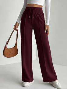 SHEIN Tall Quần thể thao nữ ống rộng màu đỏ tía, chất liệu vải dệt kim, kiểu dáng thường ngày, có dây rút và túi. - Màu Đỏ Sâu - Xem 6