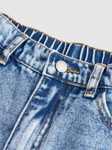 SHEIN Tween 女童 Y2K 时尚复古水洗高腰猫须水洗宽松直筒牛仔裤，Tween 女童秋冬装返校街头服饰 - 淺色水洗藍 - 查看 3