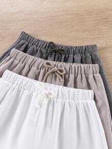 SHEIN 3pcs/Set Kids/Tween Boys' White,Summmer,Casual Comfortable Patch Decor Straight Loose Linen Short Sets,Everyday Light Grey Summer Pants For Boys - Multicolor - View 5