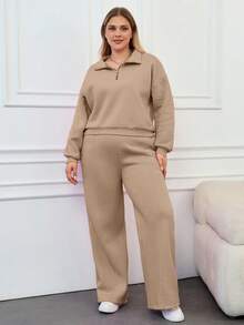 SHEIN Cottnline 100%Cotton Plus Half Zip Drop Shoulder Sweatshirt & Sweatpants - Beige - View 3