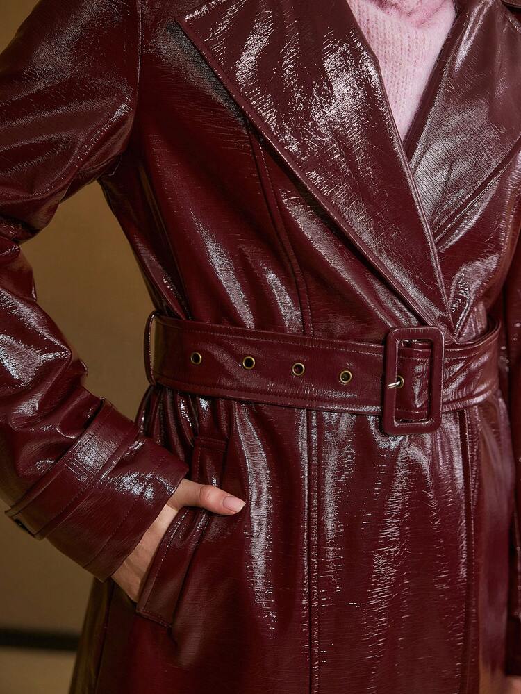 PU LEATHER LAPEL COLLAR BUCKLE BELTED LONGLINE TRENCH COAT
