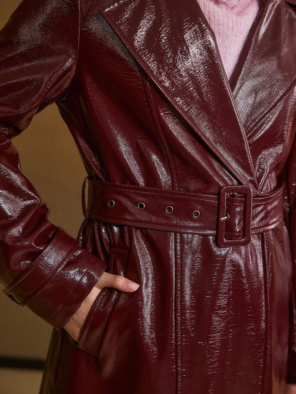 PU LEATHER LAPEL COLLAR BUCKLE BELTED LONGLINE TRENCH COAT