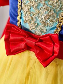 SHEIN Glamorique Kids Vestito da principessa per ragazze, vestito da principessa giallo, maniche a sbuffo, gonna ampia in tulle giallo, abito da festa di compleanno, matrimonio, occasioni formali, abito da cerimonia, fiocco, pizzo, nastro, elegante abito formale, pizzo dorato idrosolubile, mantella rossa, stile mediorientale ed europeo - Giallo - Visualizzare 7